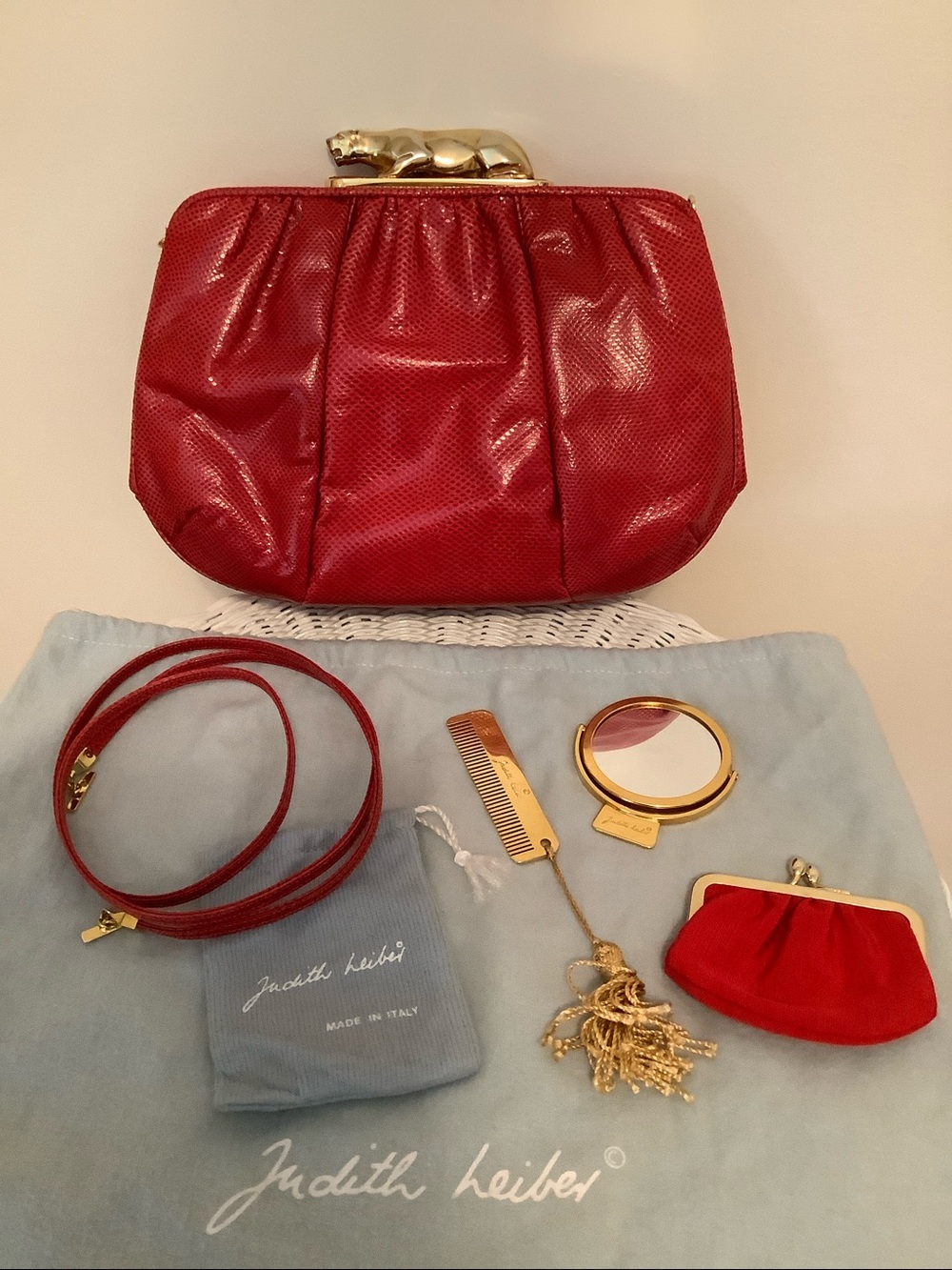 Judith Leiber Red Snakeskin Bag with Accessories